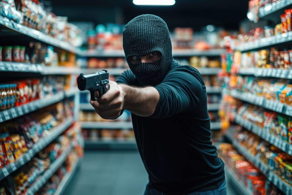 Überwachungskamera filmt einen Ladendieb im Supermarkt.